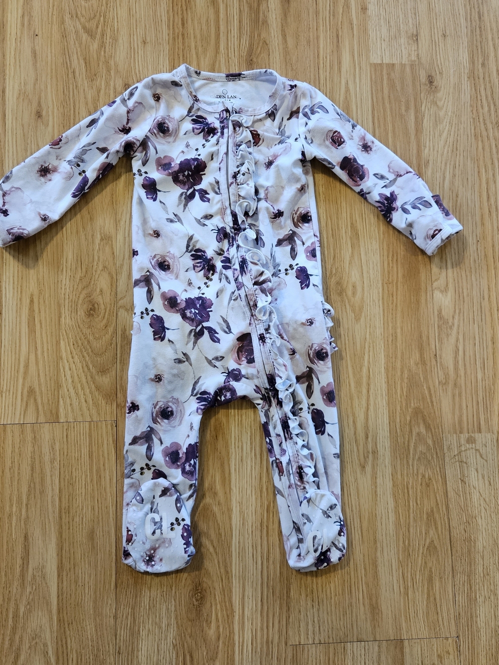 Caden Lane White Floral Ruffle Footed One-Piece with Pink & Purple Flowers
